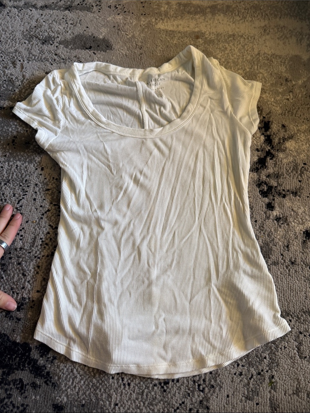 American Eagle Outfitters Cream Ribbed Scoop Neck Short Sleeve Top